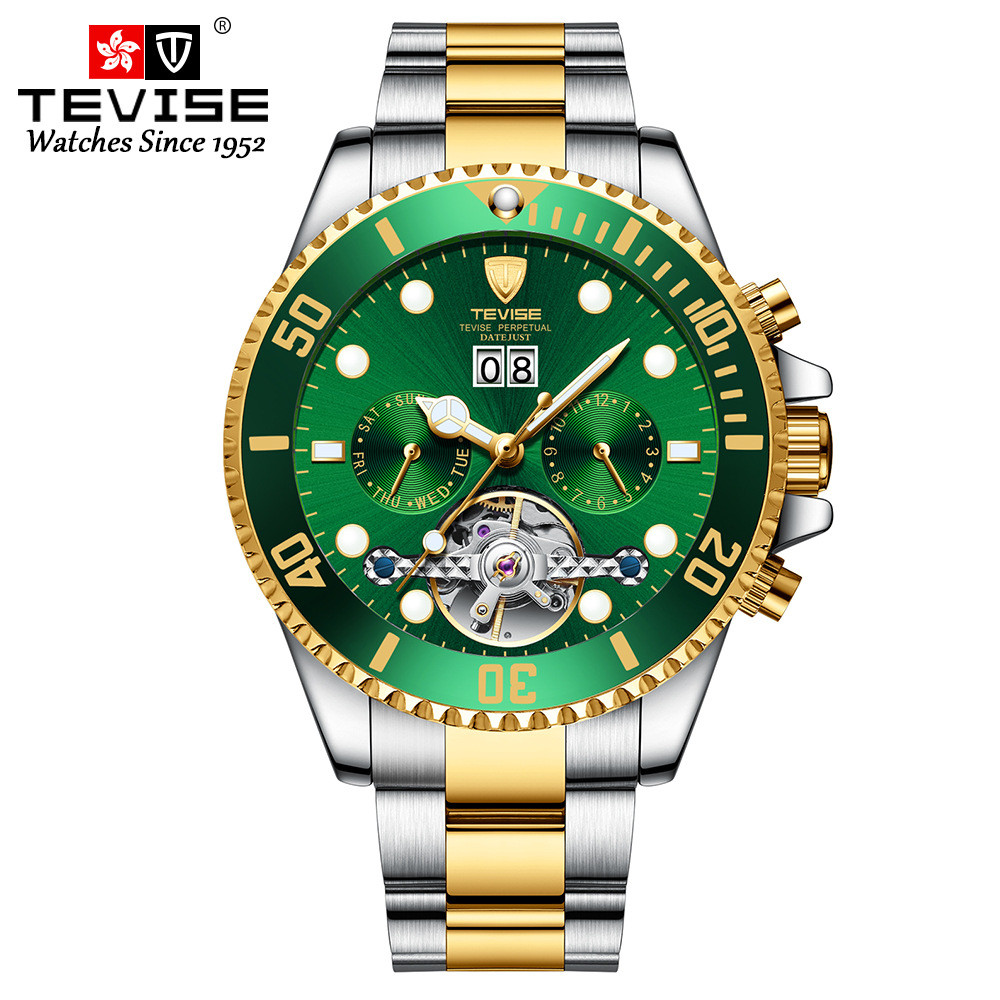 Tevise T823F Swiss Green Water Ghost Calendar Mechanical High-End Simple กันน้ํานาฬิกาผู้ชายพร้อมสต็อก
