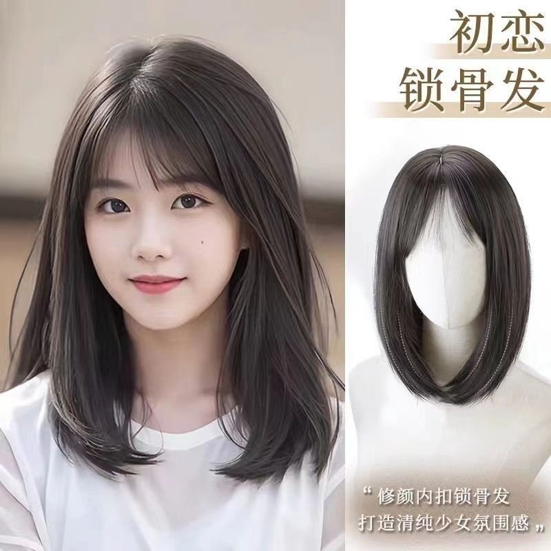 วิกหญิงกลางยาวชั้นกระดูกไหปลาร้าผมเต็มหมวกสไตล์อากาศเรียบวิกผมเวอร์ชั่นเกาหลีชั้นกระดูกไหปลาร้าผมเต็มวิก