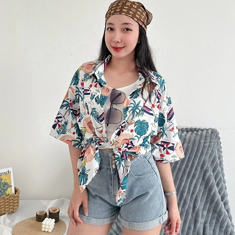 Chic เสื้อฮาวาย เชิ้ตคอปกแขนสั้น ลายดอก สไตล์เกาหลี thumbnail 9