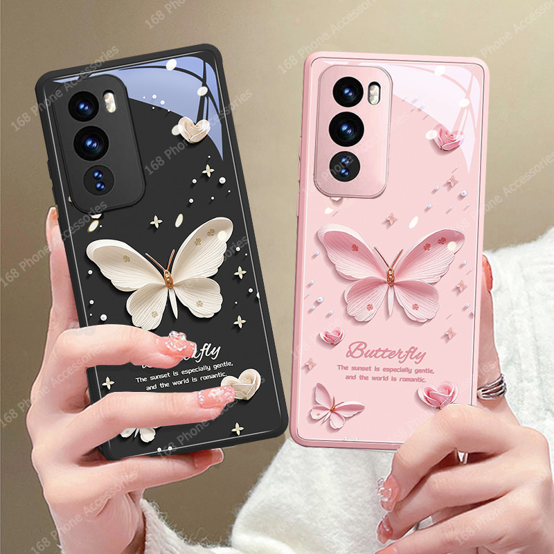 เคส OPPO Reno 12 5G เคส OPPO Reno 12 Pro 5G เคสกันกระแทกน่ารักสีชมพูมุกกุหลาบผีเสื้อกันกระแทกพร้อมซิลิโคนนุ่มขอบหรูหราของเหลวแก้วแข็งเคสโทรศัพท์สําหรับเด็กผู้หญิง