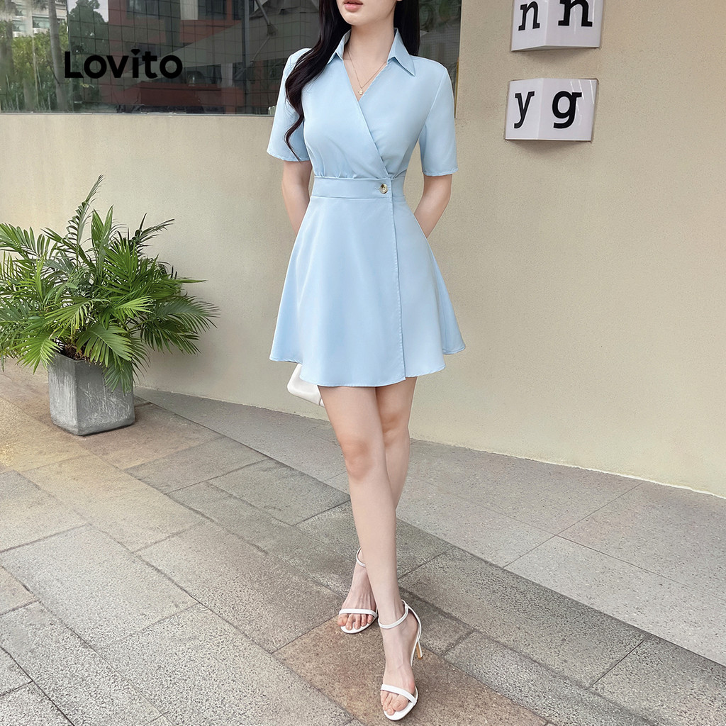 Lovito ชุดเดรสอสมมาตรหัวเข็มขัดธรรมดาหรูหราสําหรับผู้หญิง L125AD121