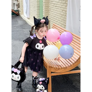 🧸 ส่งจากไทย🧸ชุดเด็กผู้หญิง Kuromi เดรสเจ้าหญิง 1-8ปี ผ้าฝ้ายแขนสั้น ลายการ์ตูน สไตล์เกาหลี สําหรับไปงานปาร์ตี้ Halloween แม่มด สีดํา