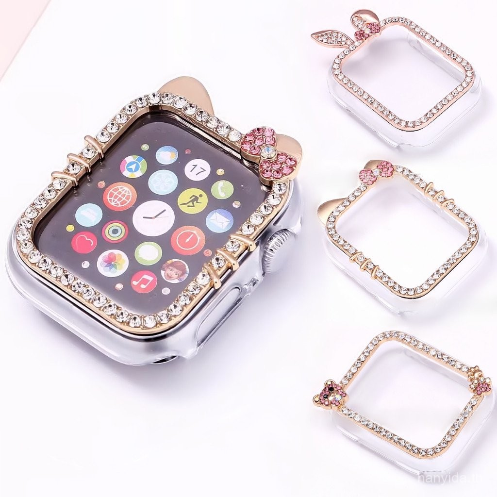 สายนาฬิกาเพชร Kitty น่ารักสำหรับ iWatch Series 9 8 7 6 5 4 3 2 1, se, SE2, Ultra, ultra 2 สายนาฬิกาทันสมัย 38mm 42mm 49mm 41mm 45mm 40mm 44mm สายนาฬิกาแบบห่วง
