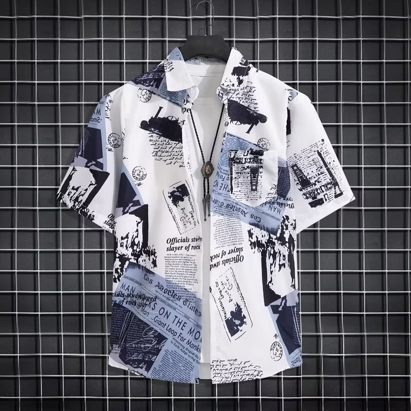 Hanlu เสื้อเชิ้ตผู้ชายลําลองหลวมพิมพ์แขนสั้นเข้ากันทั้งหมด