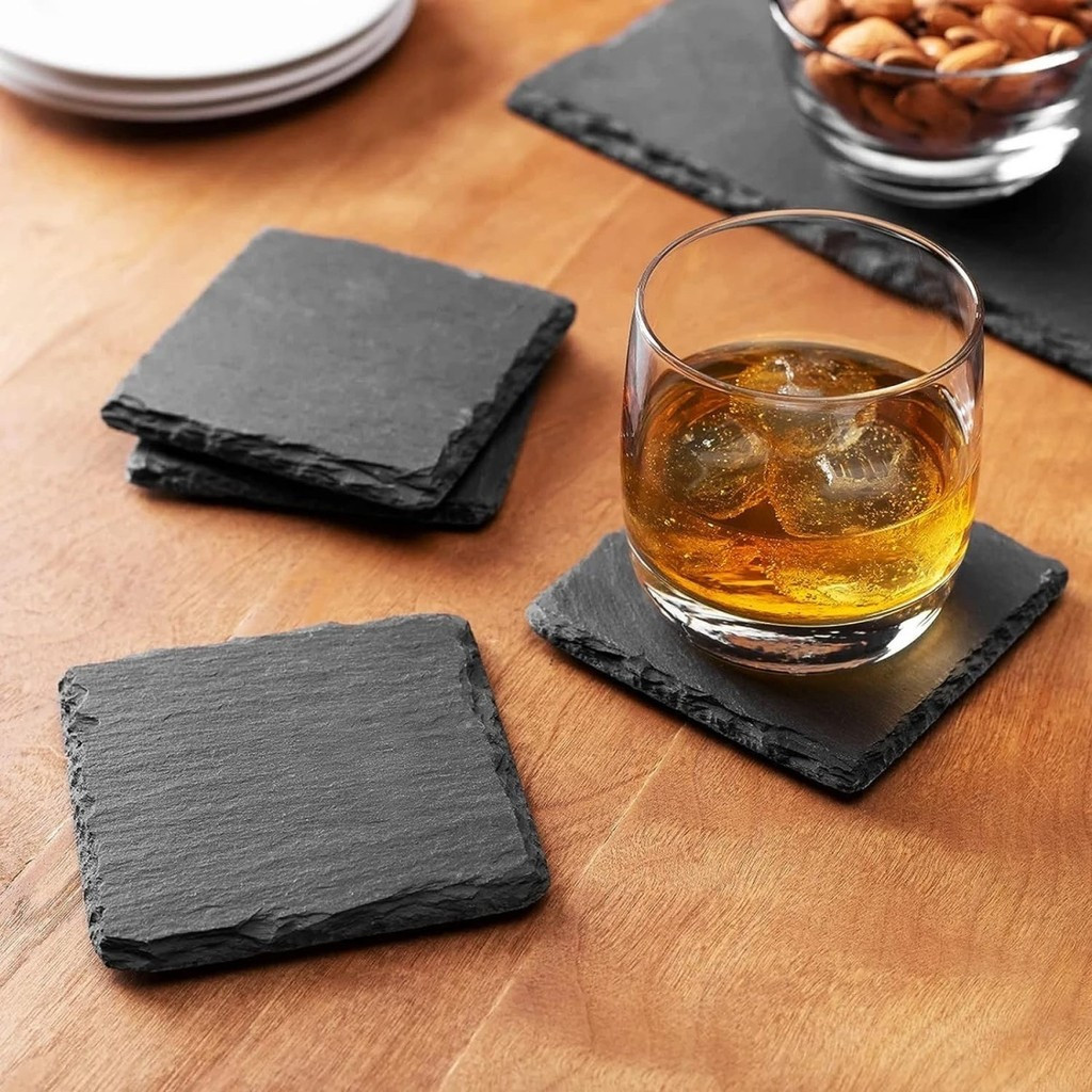 สไตล์ญี่ปุ่นธรรมชาติ Rock Coaster มือ Chisel สีดํา Slate Coaster วิสกี้ฉนวนกันความร้อน Slate Coaster