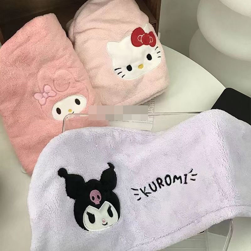 หมวกคลุมผมแห้ง Sanrio Hello Kitty My Melody Kuromi เย็บปักถักร้อย ดูดซับผมแห้ง หมวกสามเหลี่ยม สุภาพสตรี ผ้าขนหนูผมยาว หมวกอาบน้ํา