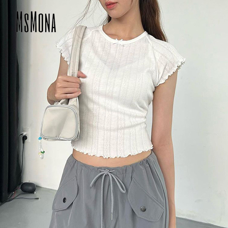 Msmona เสื้อยืดคอกลม ผ้าถัก สีพื้น เรียบง่าย สําหรับผู้หญิง 2024