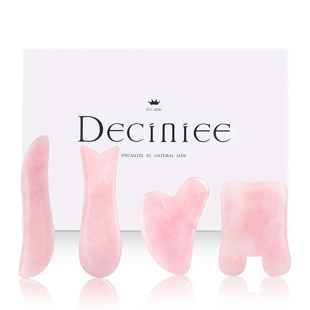 Deciniee ชุดเครื่องมือนวดหน้า กัวซา สีชมพู สีเขียว หยก ผ้าพันคอ โรสควอตซ์ กัวซา ขูดนวด สําหรับสปา ดูแลผิวหน้า กล่องของขวัญ 4 ชิ้น