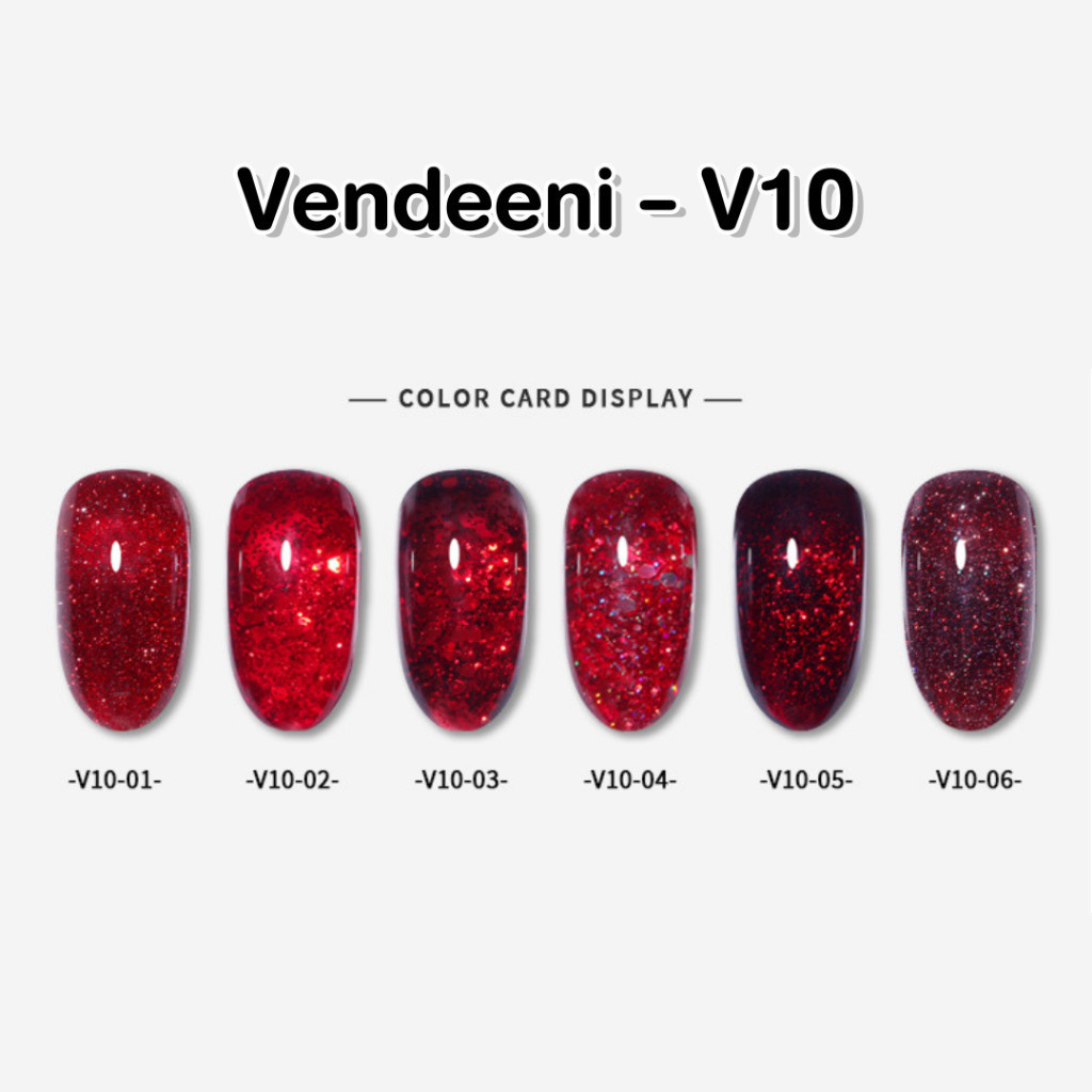 VDN V10 สีเจลกากเพชรโทนสีแดง เซต 6 สี แถมชาร์ตสำเร็จรูป ปริมาณ15ml - Janelle