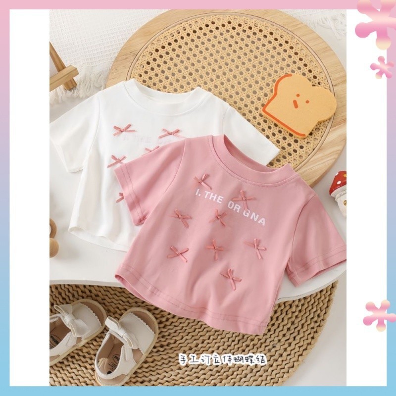 Girl's Sweet and Spicy2024Slim-Fit Sweet Bow Fashion Summer New Short Short SleeveTShirt Top