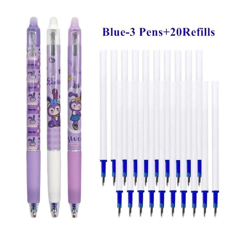 ชุดปากกาเจลลบได้ 0.5 มม. พร้อมไส้ปากกา หมึกสีดํา สีฟ้า 3 ชิ้น และไส้ปากกา 20 ชิ้น