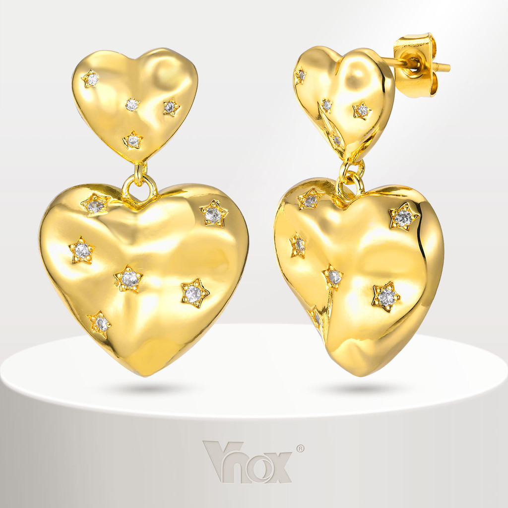 Vnox ต่างหูเพทาย ทอง 18K รูปหัวใจคู่ เครื่องประดับแฟชั่น สําหรับผู้หญิง