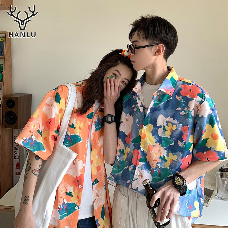 Hanlu เสื ้ อเชิ ้ ตแขนสั ้ นคู ่ รักฤดูร ้ อนสวมเสื ้ อแจ ็ คเก ็ ตเย ็ นวันหยุดลายดอกไม ้ หลวม