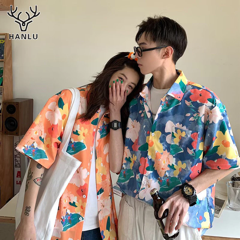 Hanlu เสื้อเชิ้ตแขนสั้น ลายดอกไม้ หลวม สำหรับคู่รัก