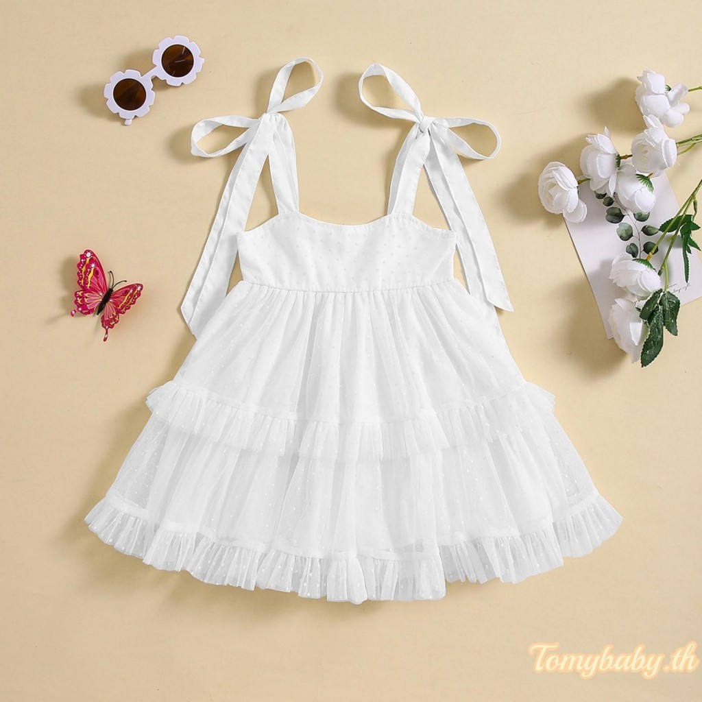 Tomybaby-เด ็ กผู ้ หญิงชุดเจ ้ าหญิงแขนกุดผูกสาย Swiss Dots Ruffle Tulle ชุดสําหรับเด ็ กวัยหัดเดินฤดูร ้ อนชุด