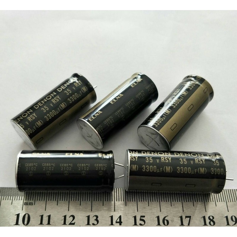 (5ชิ้น) Capacitor 3300 UF 35V DENON ELNAสีดำ+ทอง ขนาด 40x18mm ของใหม่คุณภาพดีเยี่ยมตัดขาสั้นจากโรงงา