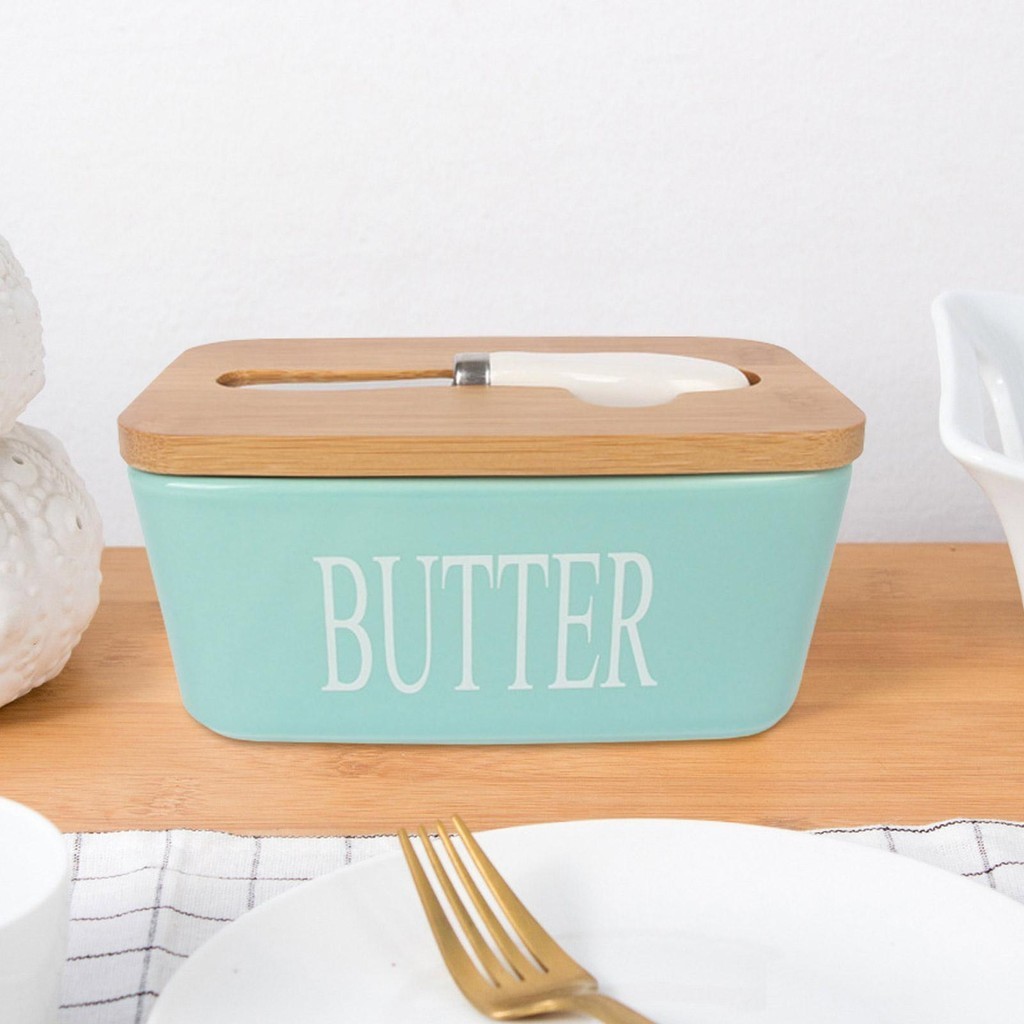 เซรามิคจานเนย Farmhouse Butter คอนเทนเนอร ์ พร ้ อม Airtight ฝาครอบไม ้ ไผ ่ Farmhouse Butter Crock ถาด shuosth