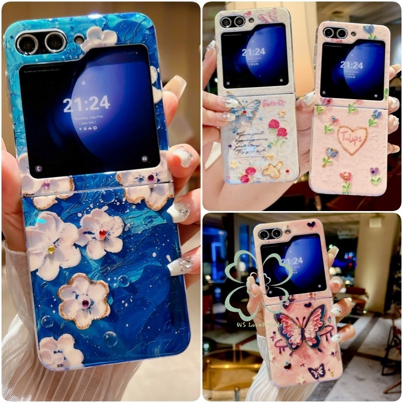 ดอกไม้แฟชั่นทาสีเคสใส Samsung Galaxy Z Flip 6 Z Flip 5 Z Flip 4/3 Slim Casing Blue Light Drip Glue เคสกันกระแทก Flip5 Flip4 Flip3