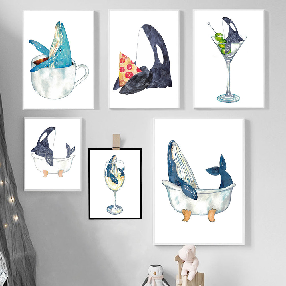 Orca Whale ในภาพวาดแก้วพิมพ์ Sea Life Nautical Ocean Nursery Wall Art โปสเตอร์ผ้าใบสัตว์ตกแต่งภาพสํา