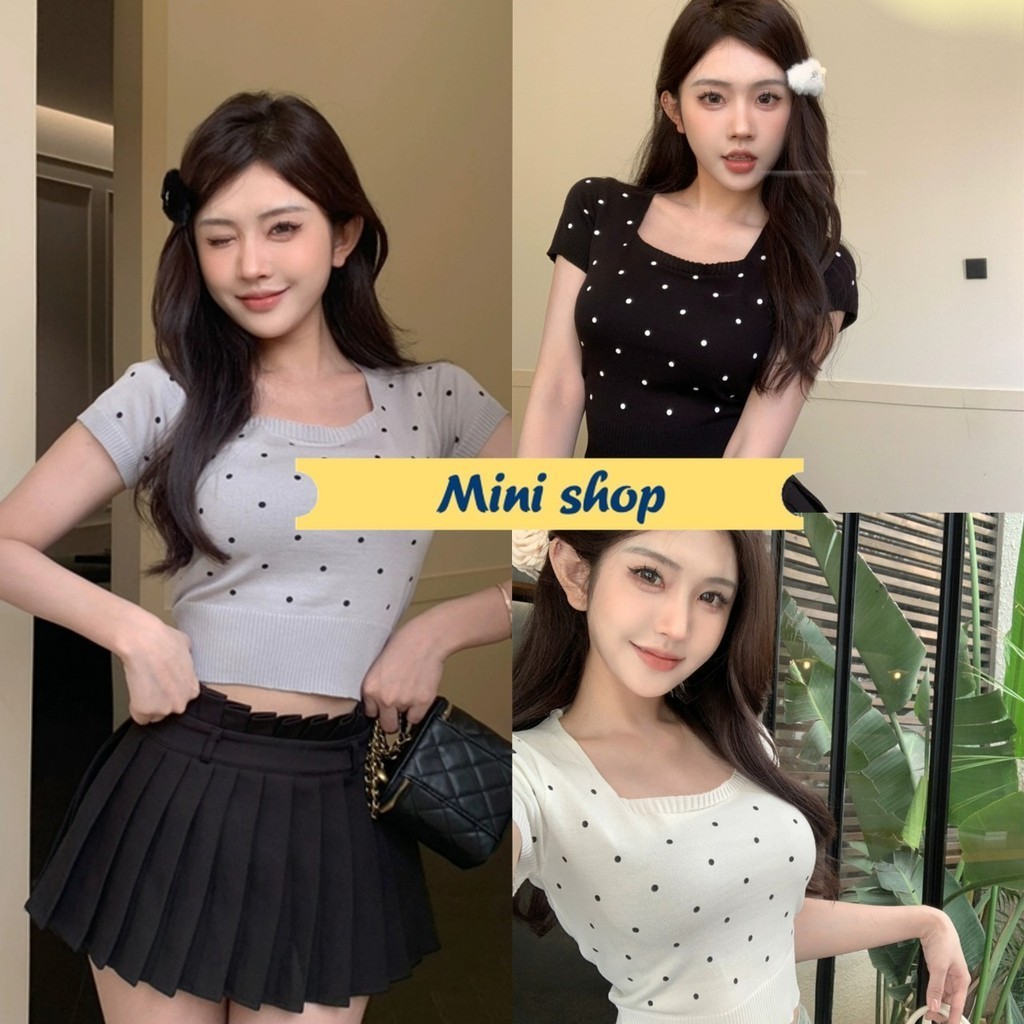 Mini shop🌸พร้อมส่ง🌸 (BKD4832)   เสื้อยืดไหมพรมครอปแขนสั้น คอเหลี่ยม ดีเทลลายจุกน่ารักมาก