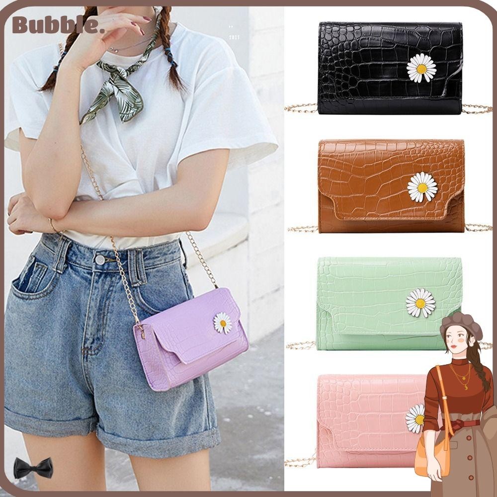 Bubble Sling Bag, Chain PU Leather Small Shoulder Bag, Portable Flower Daisy Solid Color Handbag Women