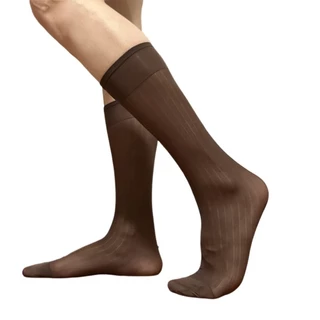 Nio Mens Nylon Sheer Suit Socks Business Dress Socks Elastic Wide Striped See Through Official Dress Over the Calf Stockin