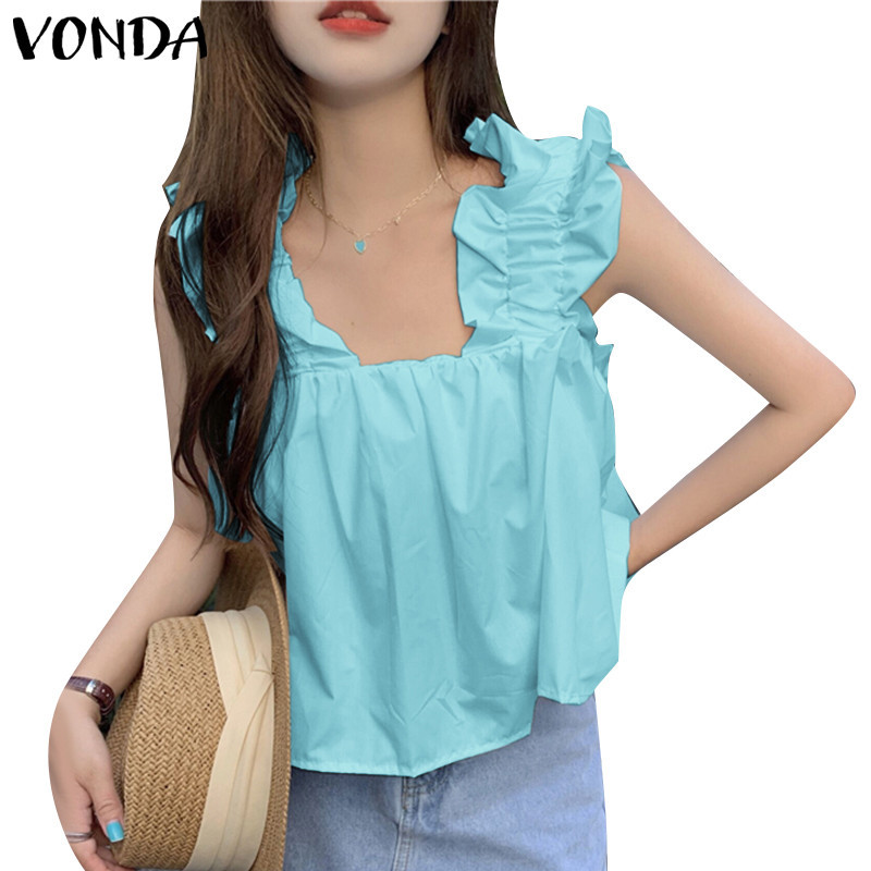 Vonda เสื ้ อเบลาส ์ หลวมแขนสั ้ นลําลองผู ้ หญิงเกาหลี