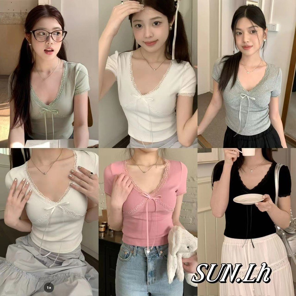 SUN จัดส่งที่รวดเร็ว เสื้อยืดลําลอง สําหรับสตรี แขนสั้น คอวี ปักลายลูกไม้ ผูกโบว์ เหมาะกับฤดูร้อน เหมาะกับงานปาร์ตี