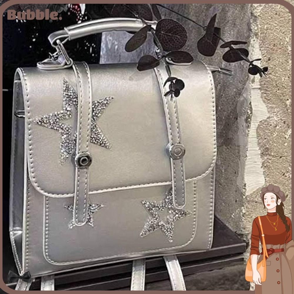 Bubble Backpack, Y2K Casual Shine Leather Star, Large Capacity Leather Star Silver Color Backpack
