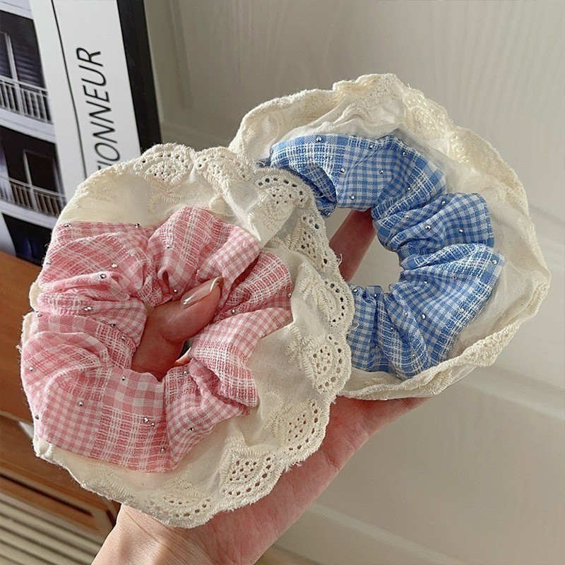 Simple ลายสก๊อตดอกไม้ยืดหยุ่นผมขนาดใหญ่ - Elegant Lace Bow Scrunchies - สาวผมหางม้ายางรัดผ้าโพกศีรษะ