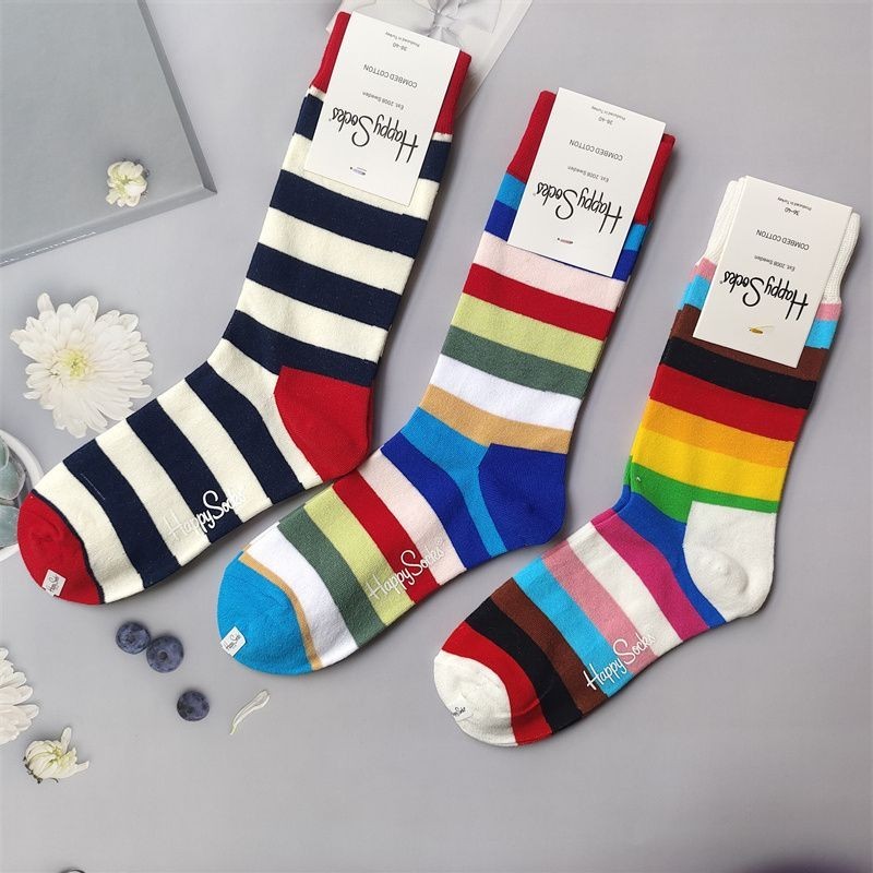 ถุงเท้า Happysocks Influencer Checkerboard Checkerboard Stripes แนวนอนบาร์ Rainbow ถุงเท้าผ้าฝ้ายแท้ Warm All-Match Mid-