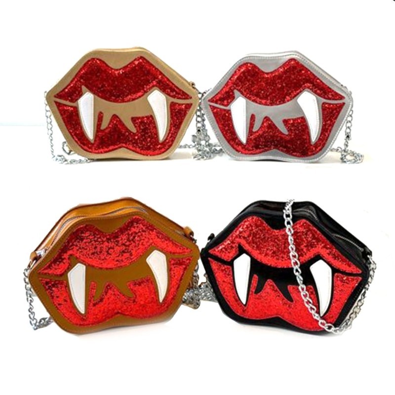 Top Halloween Sequined Crossbody Bag Vampire Lip Shape Shoulder Purse with Chain