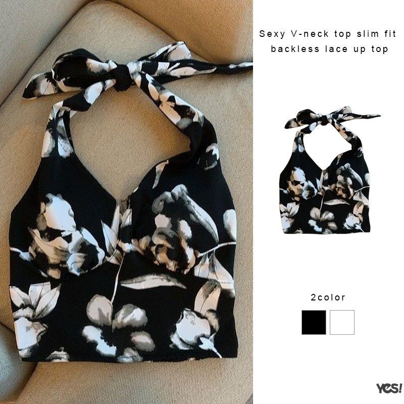 เสื้อกล้ามแขนกุด Halterneck สำหรับผู้หญิง คอวีเซ็กซี่ เสื้อผูกเชือกหลังYES