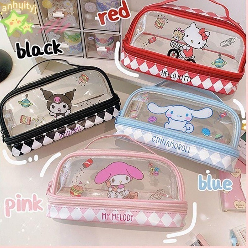 น่ารัก Hello Kitty ขนาดใหญ่โปร่งใสกรณีดินสออะนิเมะ My Melody Kuromi กระเป๋าถือแบบพกพากระเป๋าเก็บกระเป๋าเครื่องสําอางหญิง