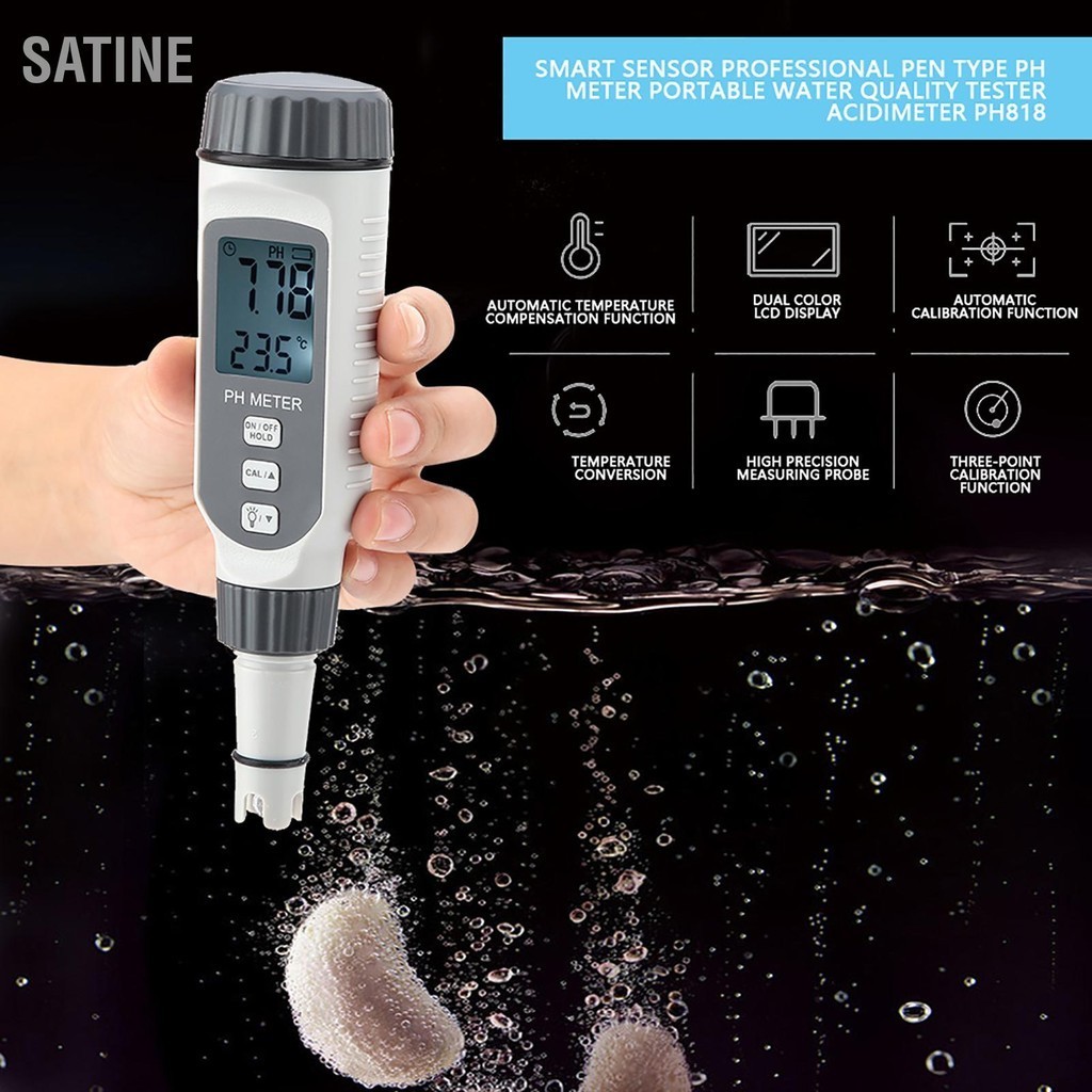 SaTine SMART SENSOR Professional PH Meter เครื่องทดสอบคุณภาพน้ำแบบพกพาเครื่องวัดค่าความเป็นกรด PH818