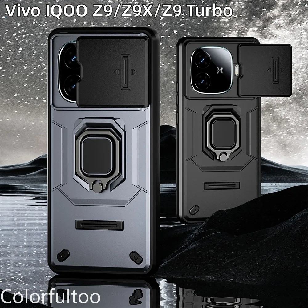 Iqooz9 เกราะกันกระแทกสําหรับ Vivo iQOO Z9x Z9 Turbo Z9Turbo iQOOZ9x 5G Push Pull Slide กล้องป้องกันเคสโทรศัพท์ Hard PC กันชน Anti-fall Stand Holder ฝาหลัง