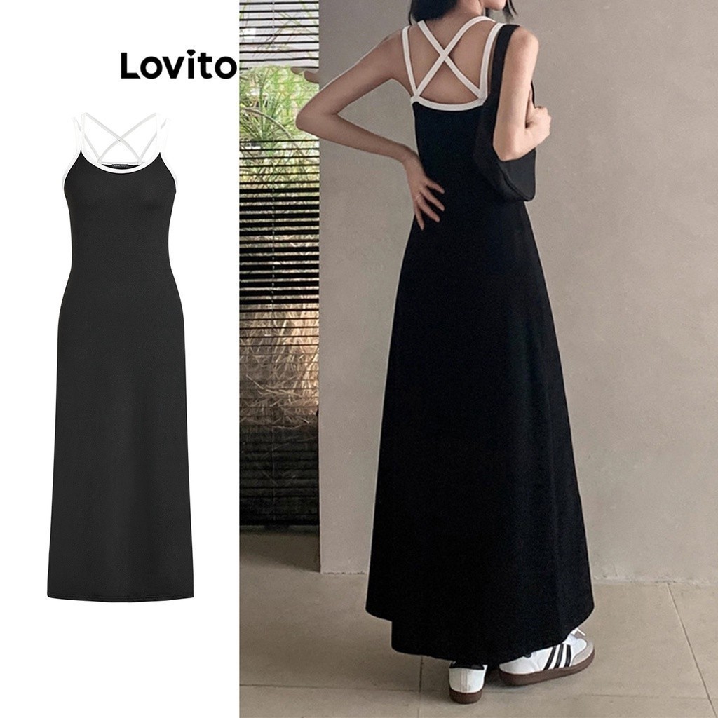 Lovito ชุดเดรสผู้หญิง สีพื้น คัลเลอร์บล็อค สไตล์ลำลอง L67AD086 (สีดำ)