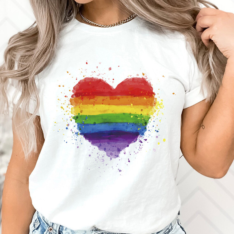 S-5XL เสื้อยืดพิมพ์ลายหัวใจสีน้ำสีรุ้งเสื้อยืดเสื้อยืดย้อนยุค LGBT