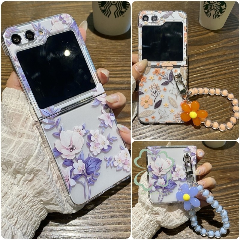 SAMSUNG แฟชั่นลายดอกไม้เคสใสปลอกsamsung Galaxy Z Flip 6 Z Flip 5 Z Flip 4 Z Flip 3 สร้อยข้อมือสายรัดข้อมือฮาร์ดพีซีกันกระแทกฝาหลังเชลล์