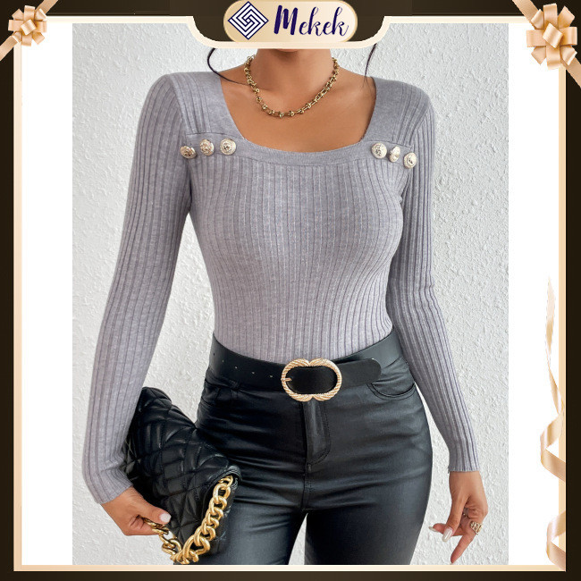 Mekek Women 'sNeck Ribbed Long Sleeve Top Asymmetric Crop Top Knit Tee Shirt