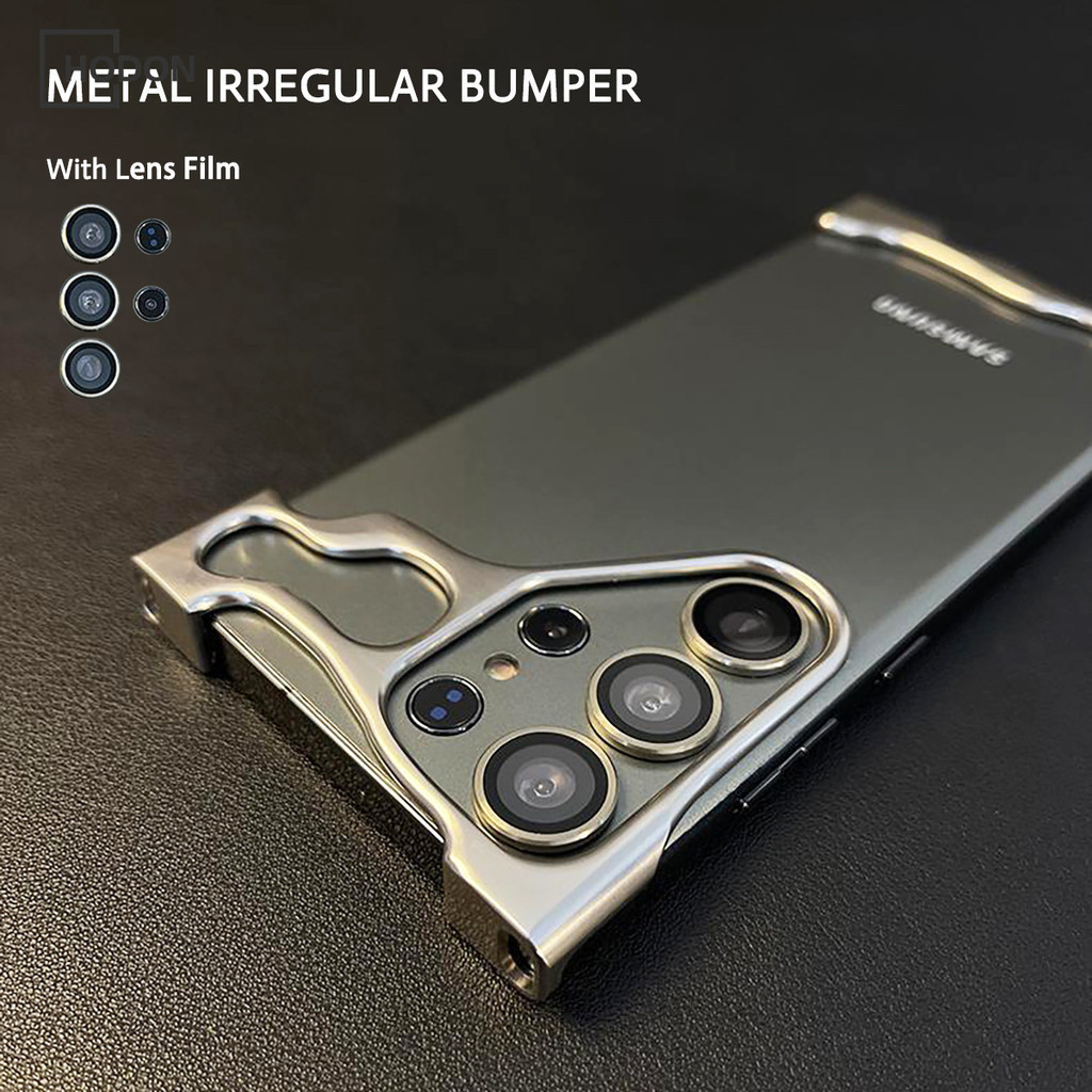 หรูหราไม่สม่ําเสมอ Frameless อลูมิเนียมเคสโทรศัพท์สําหรับ Samsung S23 S24 Ultra Plus เลนส์ฟิล์มป้องกันโลหะกันกระแทกฝาครอบ