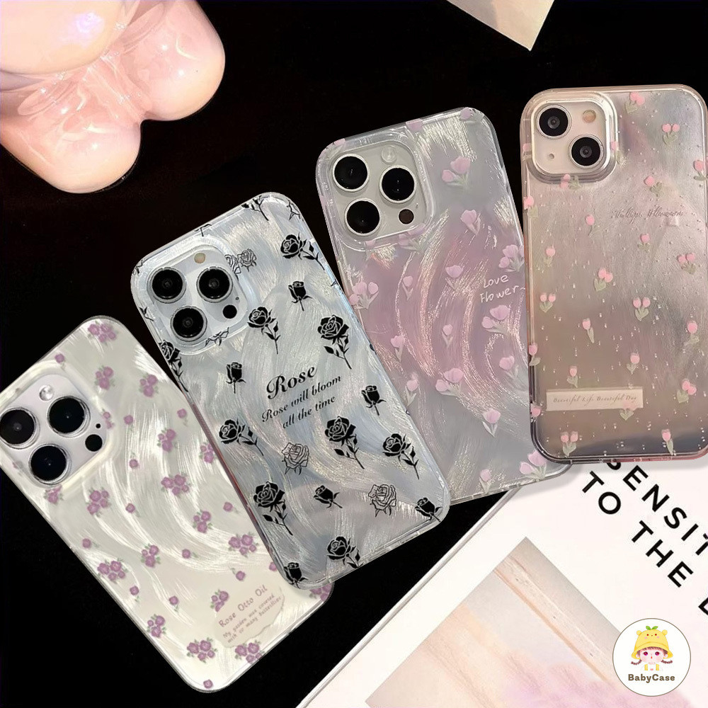 ดอกไม้ย้อนยุคแฟชั่นทิวลิปสีชมพูหรูหราเคสเลเซอร์โฮโลแกรมสำหรับ iPhone 15 13 7plus 11 12 14 Pro Max XR 7 8 Plus X XS Max