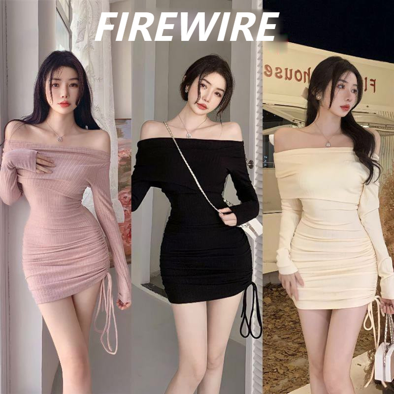 Firewire พร้อมส่ง ผ้าไหมพรม แขนยาว ปาดไหล่ ดีไซน์ผ่า ปรับความยาวได้ ชุดเด็กผู้หญิงจีบทวิส (98117-3)