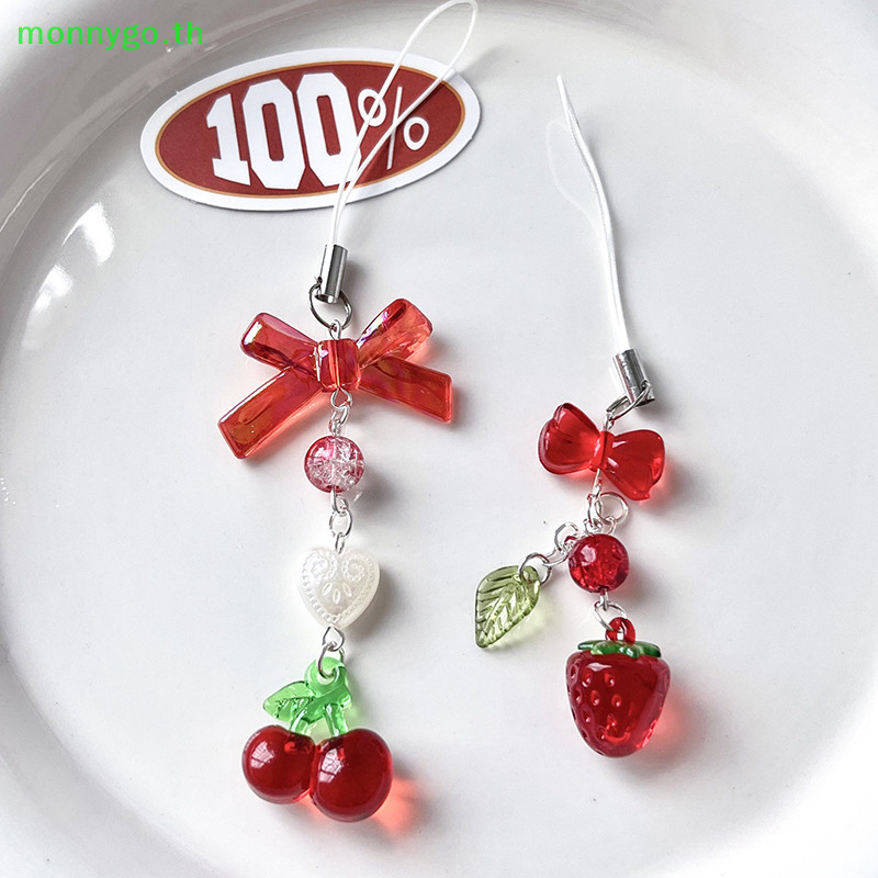 Monnygo น่ารักสีแดงเชอร์รี่สตรอเบอร์รี่โบว์สายคล้องโทรศัพท์มือถือ Charm พวงกุญแจสําหรับสาวผู้หญิงกระเป๋ากล้องจี้หวานโทรศัพท์มือถือเครื่องประดับ TH