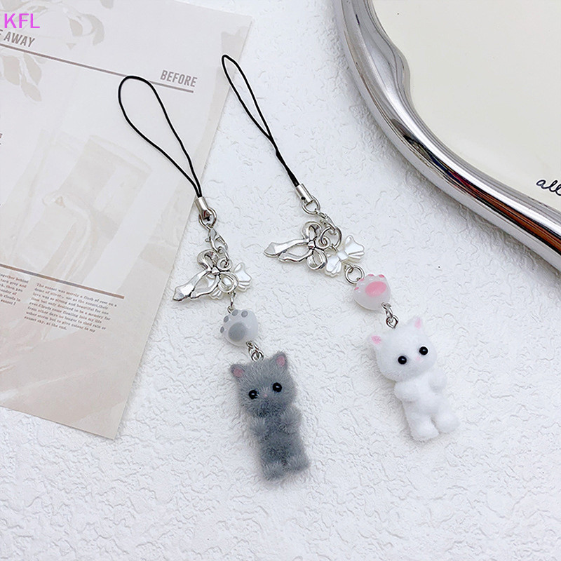 (KFL) Flocking จี้โทรศัพท์ Lanyard Y2K น่ารักโบว์ลูกแมวโซ่โทรศัพท์โทรศัพท์มือถือเกาหลี Charm Keycord ของขวัญสาวขายร้อน