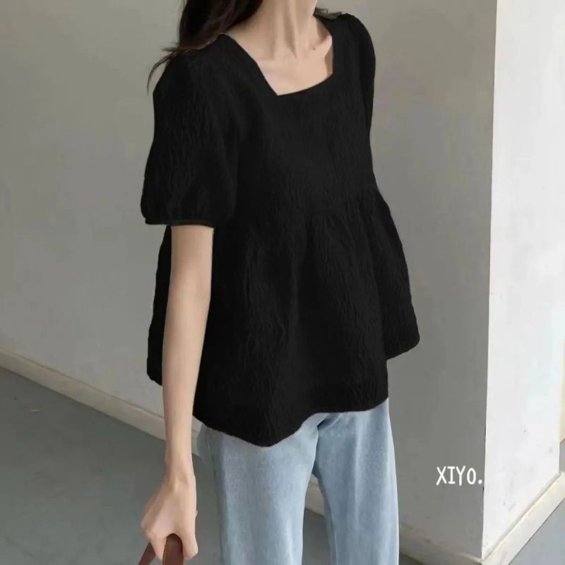 Classy~เสื้อเชิ้ตแขนสั้น สีทึบ ปลอกคอสแควร์ เสื้อผ้าแฟชั่นสตรี