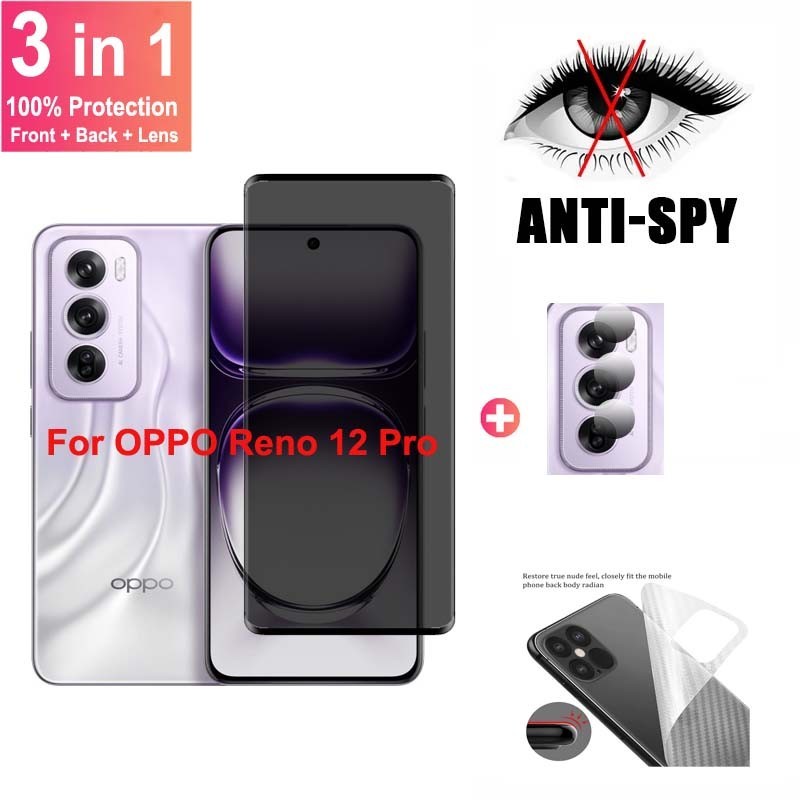 3 in 1 ฟิล์มกระจก สำหรับ OPPO Reno 12 Pro 5G ตัวป้องกันหน้าจอสำหรับ OPPO Reno12 5G Pro 11 10 8T Pro Plus 5G การปกป้องความเป็นส่วนตัว