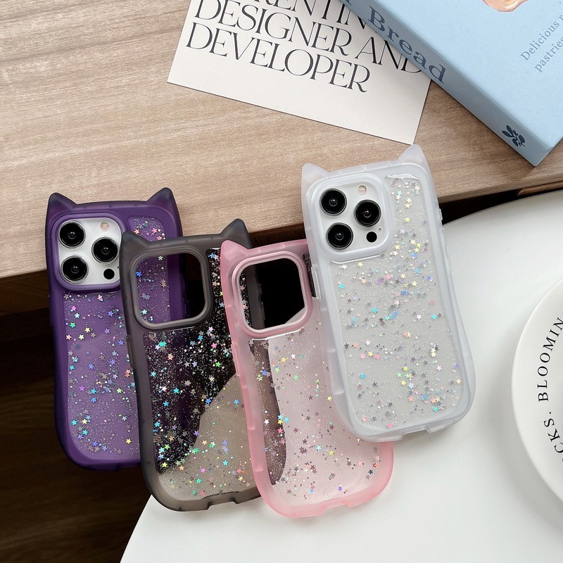 Iphone 15 Pro Max 13 12PRO 11 14 PLUS Cat Head Shape Sequin เคส iPhone โปร ่ งใส