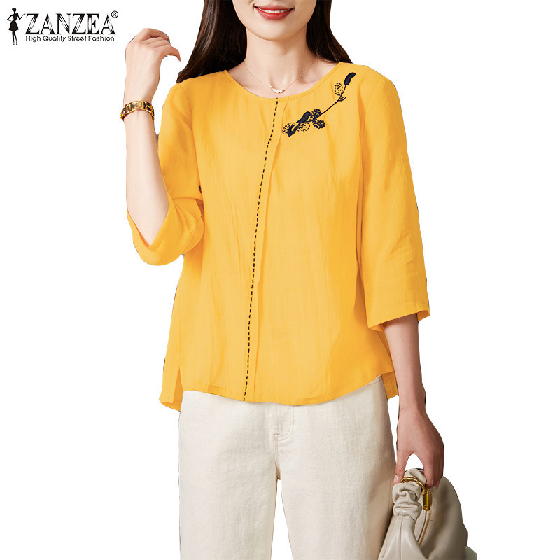 Zanzea ผู ้ หญิงเกาหลีคอกลมจีบดอกไม ้ เย ็ บปักถักร ้ อยด ้ านข ้ างแยกเสื ้ อ