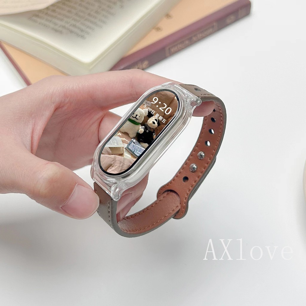 สายหนังแฟชั่น + เคสใสสําหรับ เสี่ยวหมี่ ไมล์ วงดนตรี 8 7 6 5 4 3 สร้อยข้อมือสําหรับ ไมล์band 5 4 เปลี่ยนย้อนกลับหัวเข็มขัดสร้อยข้อมืออุป